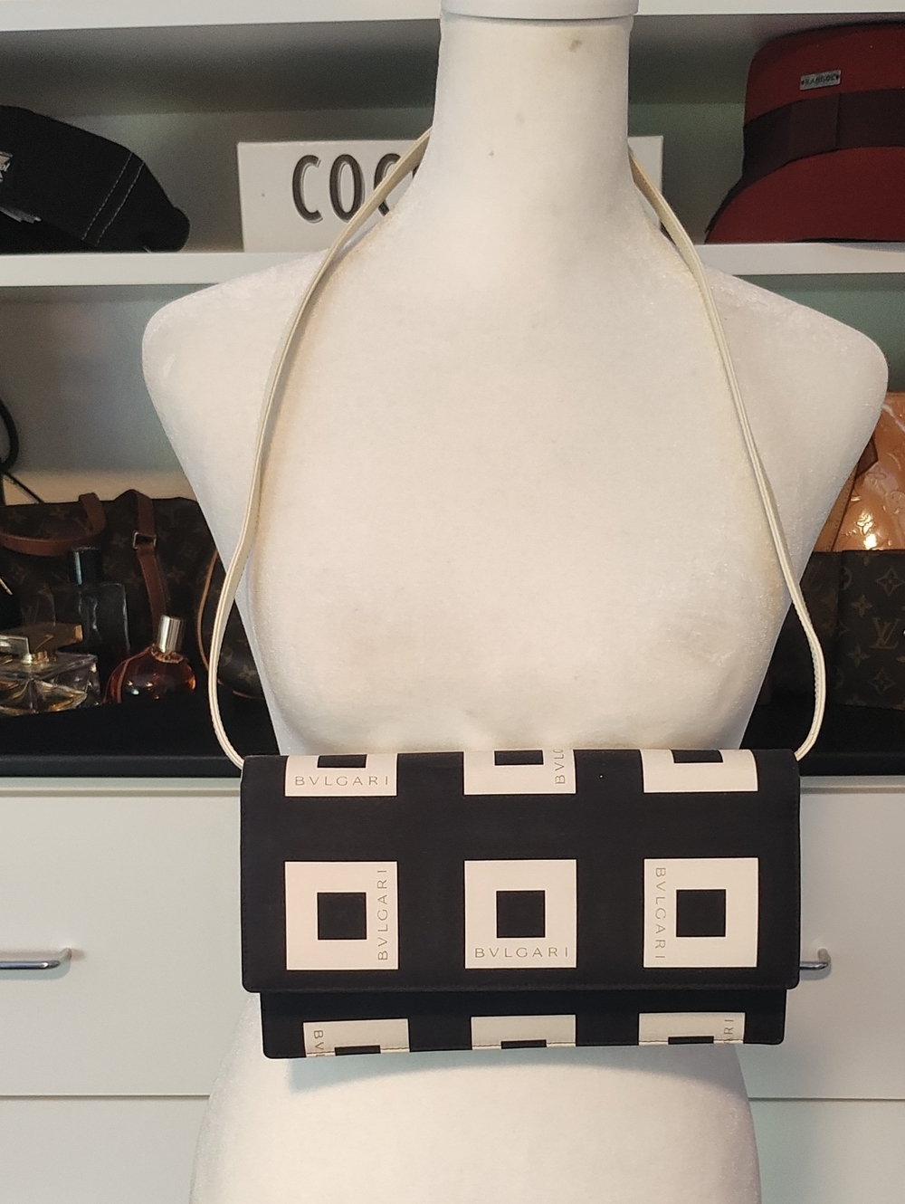 Bulgari Black and Cream Geometric, Printed Silk Crossbody Clutch